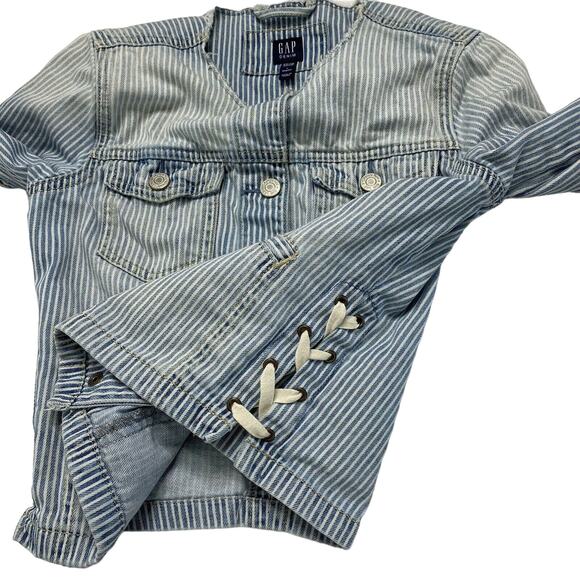 GAP KIDS Railroad Stripe Denim Jacket Size Large 10-11y Girls Lace Up Side Blue - Picture 4 of 9